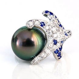 Bague étoile de mer - Perle de Tahiti - Or blanc, diamants, saphirs