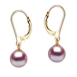 Boucles d'oreilles or jaune type dormeuse - Perles lavandes - 8/8.5mm