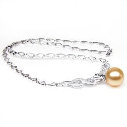 Collier or blanc maille coeur et diamants - Perle australie dorée