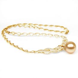 Collier maille coeur - Or jaune, diamants - Perle Australie dorée