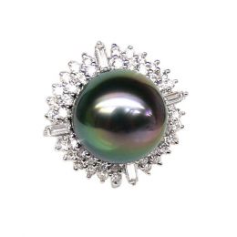 Bague auréolée de diamants - Perle de Tahiti paon rosée - Or blanc