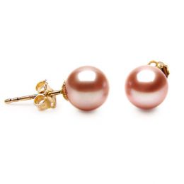 Clous oreille or jaune - Boucles perles d'eau douce roses - 8/9mm