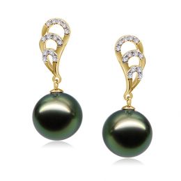 Boucles oreilles ailes de paon - Pendants or jaune - Perles Tahiti