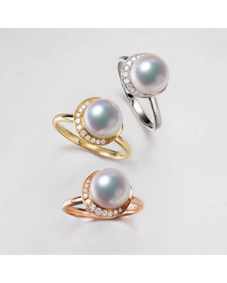 Bague Hinata. Couronne Or blanc et Diamants. Perle Akoya