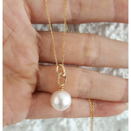 Pendentif 2 anneaux avec perle de culture - Or jaune, diamants pavés