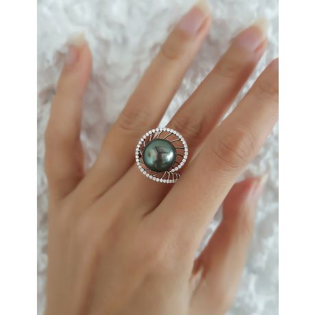 Bague or blanc de forme elliptique - Perle de Tahiti, diamants