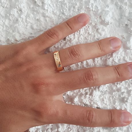 Alliance homme - Lignes fluides or jaune, diamant - Polie, brossée