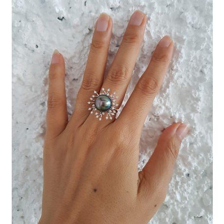 Bague de luxe - Récifs coralliens - Perle de Tahiti, or blanc, diamants