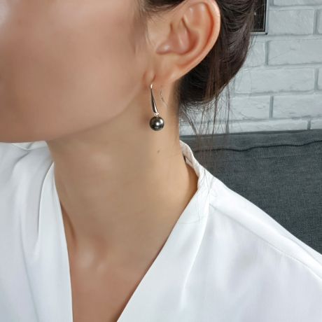 Boucles oreilles perles Tahiti - Crochets perles noires paons - Or blanc