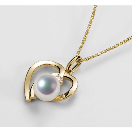 Pendentif Chiaky. Coeur moderne Or jaune. Perle Akoya, Diamant