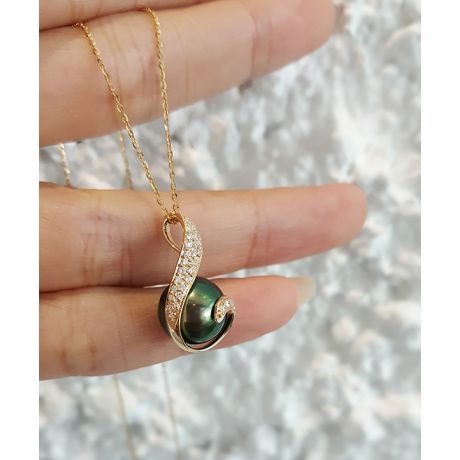 Pendentif écharpe diamantée - Perle de Tahiti noire, bronze - Or jaune