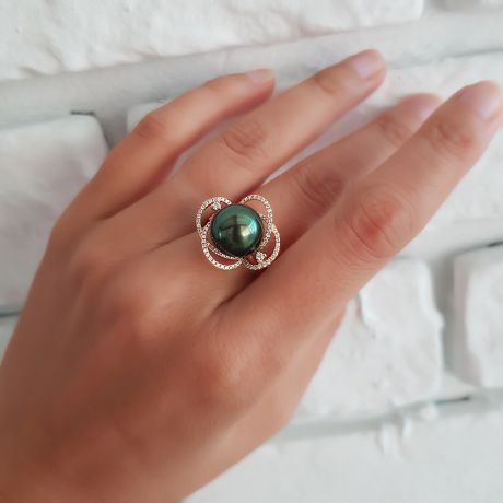 Bague fleur - Un matin de rosé - Perle de Tahiti, or jaune, diamants