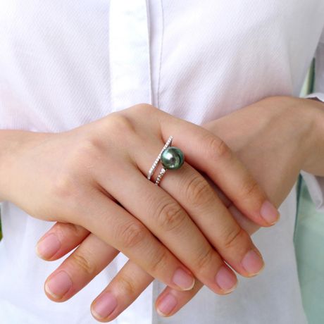 Bague perle de Tahiti, Or blanc, diamants - Saperlipopette