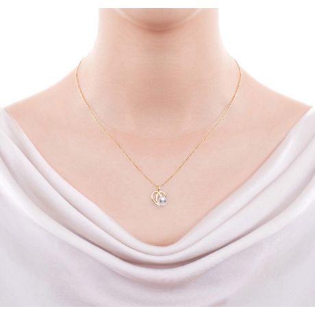 Pendentif et Boucles coeurs stylisés. Perles Akoya, Or jaune