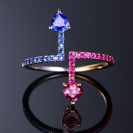 Bague Univers parallèles. Or blanc, jaune et pierres précieuses