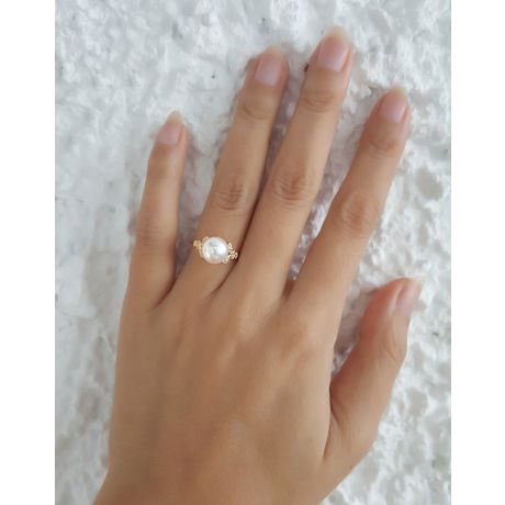 Bague or perle du Japon - Perle Akoya blanche - Or jaune, diamants