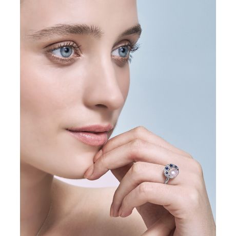Bague Mikadzuki, Croissant de Lune I Perle Akoya, Saphir, Diamant