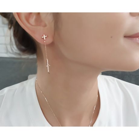 Boucles oreilles croix pendante Or rose diamants 0.21ct