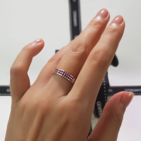 Bague or blanc demi tour rubis - 2 rangées de pierres pavées