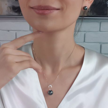 Pendentif coeur - Perle Tahiti bleue - Or blanc, diamants micro griffes