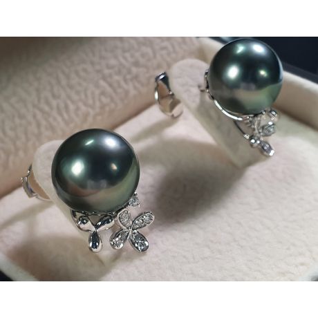 Boucles oreilles perles Tahiti motifs floraux - Or blanc, diamants