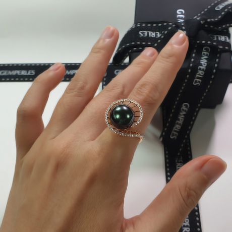 Bague or jaune de forme elliptique - Perle de Tahiti, diamants