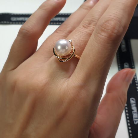 Bague perle d'eau douce blanche - 9.5/10mm, AAA - Or jaune, diamant