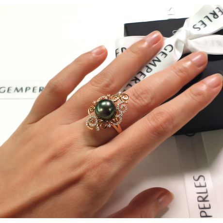 Bague Mindanao - Perle de Tahiti - Or jaune, diamants sertis griffes