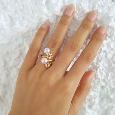 Bague or jaune Toi et Moi Perles Akoya. Fleurs, Saphirs roses