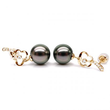 Boucles oreilles fleurs - Pendants perles de Tahiti - Or jaune, diamants