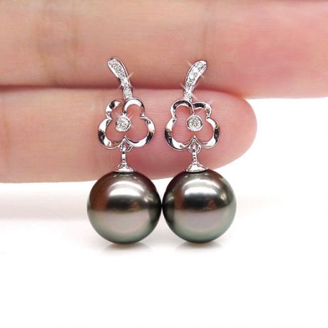 Boucles oreilles fleurs - Pendants perles de Tahiti - Or blanc, diamants