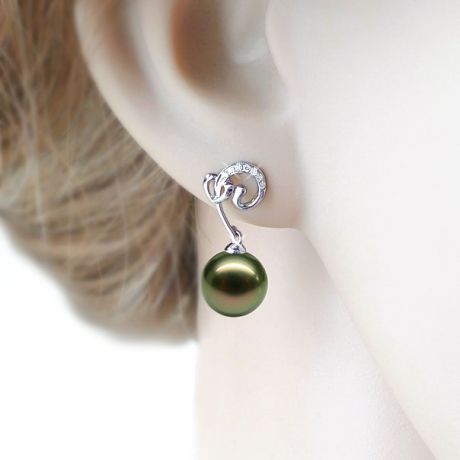 Boucles oreilles coeur - Pendants or blanc - Perles de Tahiti - Diamants