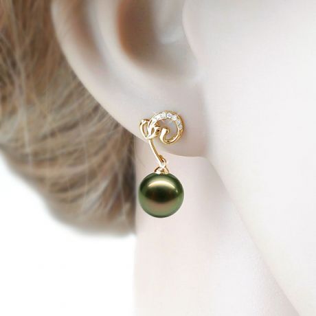 Boucles oreilles coeur - Pendants or jaune - Perles de Tahiti - Diamants