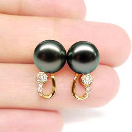 Boucles oreilles - Pendants perles Tahiti noires - Or jaune, diamants