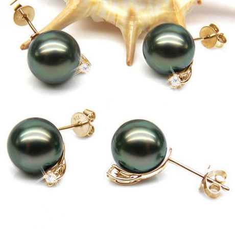 Boucles oreilles perles - Clous or jaune - Perle de Tahiti - Puces diamants