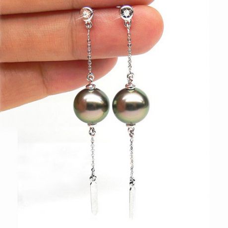 Boucles oreilles perles de Tahiti - Chaine gourmette - Or blanc, diamants