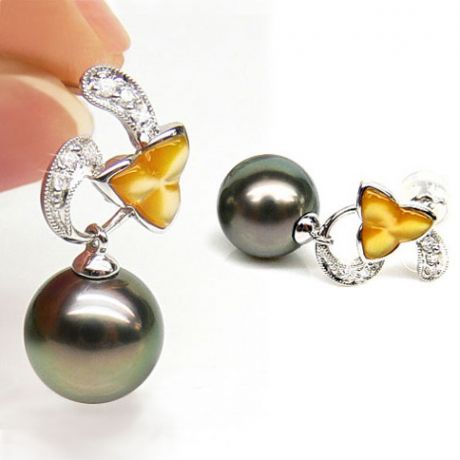 Boucles d'oreilles nacre doree - Perles de Tahiti - Or blanc, diamant