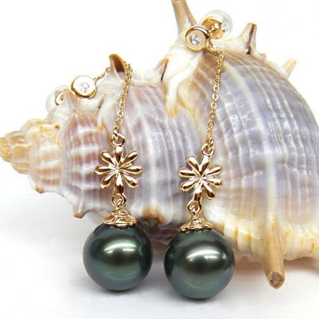 Boucles oreilles fleurs naturelles - Chainettes or jaune - Perles Tahiti