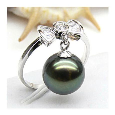 Bague noeud papillon - Perle de Tahiti mobile - Or blanc, diamants