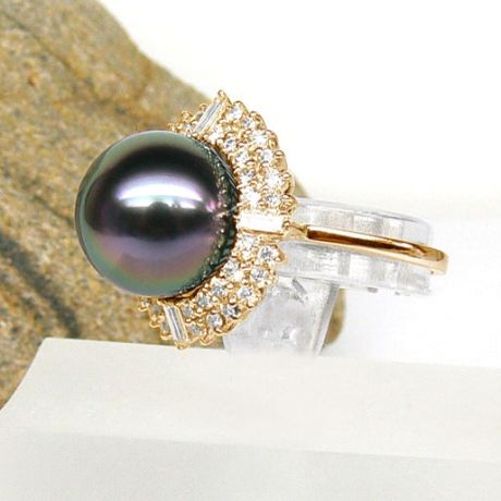 Bague auréolée de diamants - Perle de Tahiti paon rosée - Or jaune