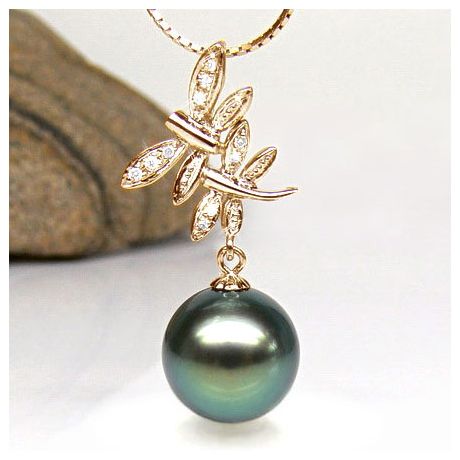 Pendentif libellules - Couple volant - Perle Tahiti, or jaune, diamants