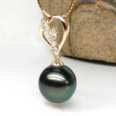 Pendentif pétales d'or jaune - Diamants pavés - Perle de Tahiti