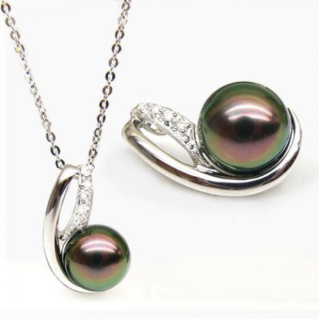 Pendentif perle de Tahiti noire - Orient paon - Or blanc, diamants