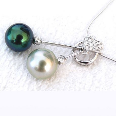 Pendentif coeur toi et moi - Perles mers du sud - Or blanc, diamants