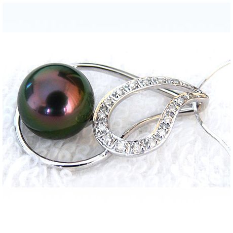 Pendentif Chabaka I Perle de Tahiti paon aubergine. Or blanc, diamants