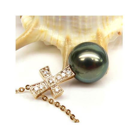 Pendentif croix romaine - Perle de Tahiti - Or jaune, diamants