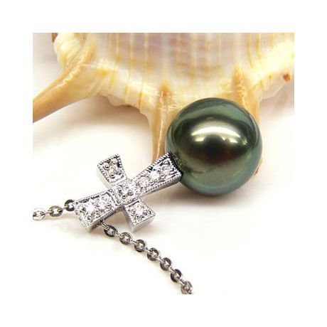 Pendentif croix romaine - Perle de Tahiti - Or blanc, diamants