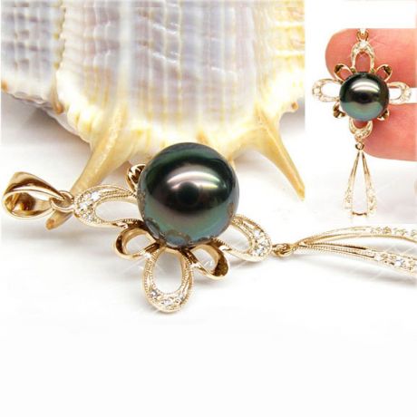 Pendentif perle de Tahiti noire - Tons bleus verts - Or jaune, diamants