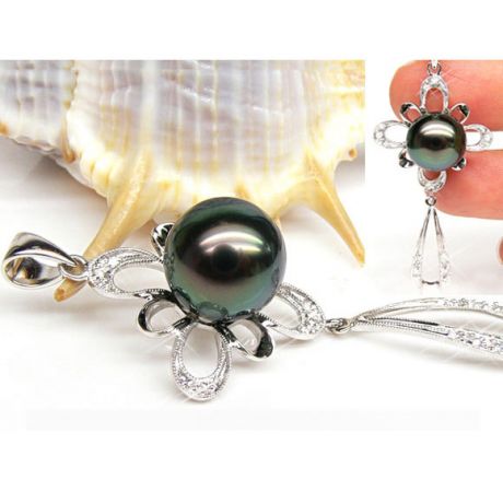 Pendentif perle de Tahiti noire - Tons bleus verts - Or blanc, diamants