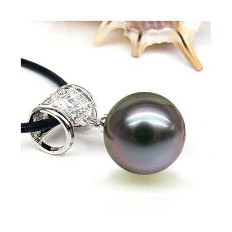 Pendentif bélière circulaire - Perle de Tahiti - Or blanc, diamants